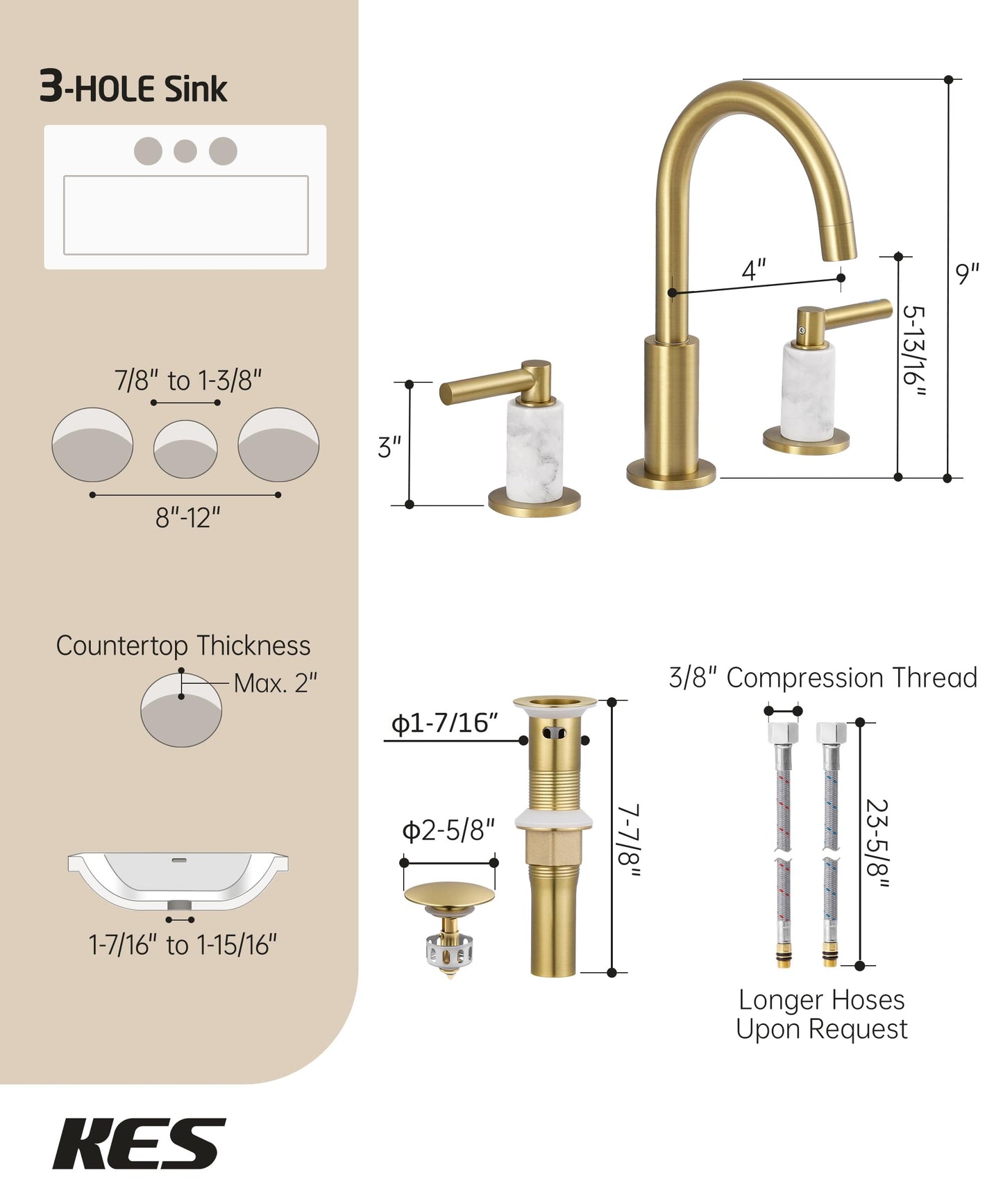 KES Natural Italian Carrara Marble Brushed Gold Bathroom Faucet 3 Hole with All Metal Pop Up Sink Drain, 8 Inch Widespread Bathroom Sink Faucet for Vanity, 360° Swivel Spout, 18/8 Stainless Steel
