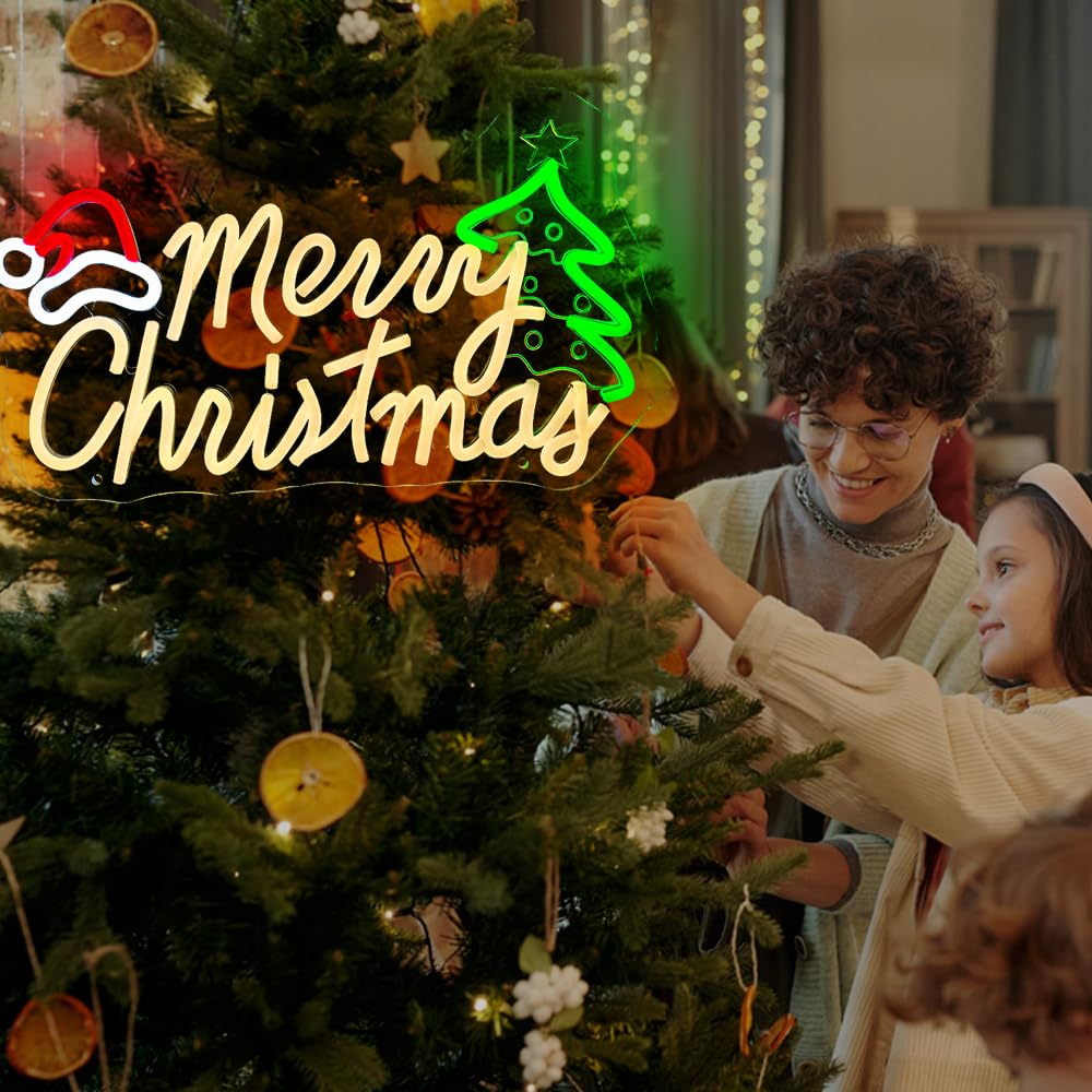 Merry Christmas Neon Sign Dimmable Led Neon Lights for Wall Decor USB Powered Christmas Decoration Xmas Light Up Sign for Party Home Window Bar Porch Front Door Holiday Gifts