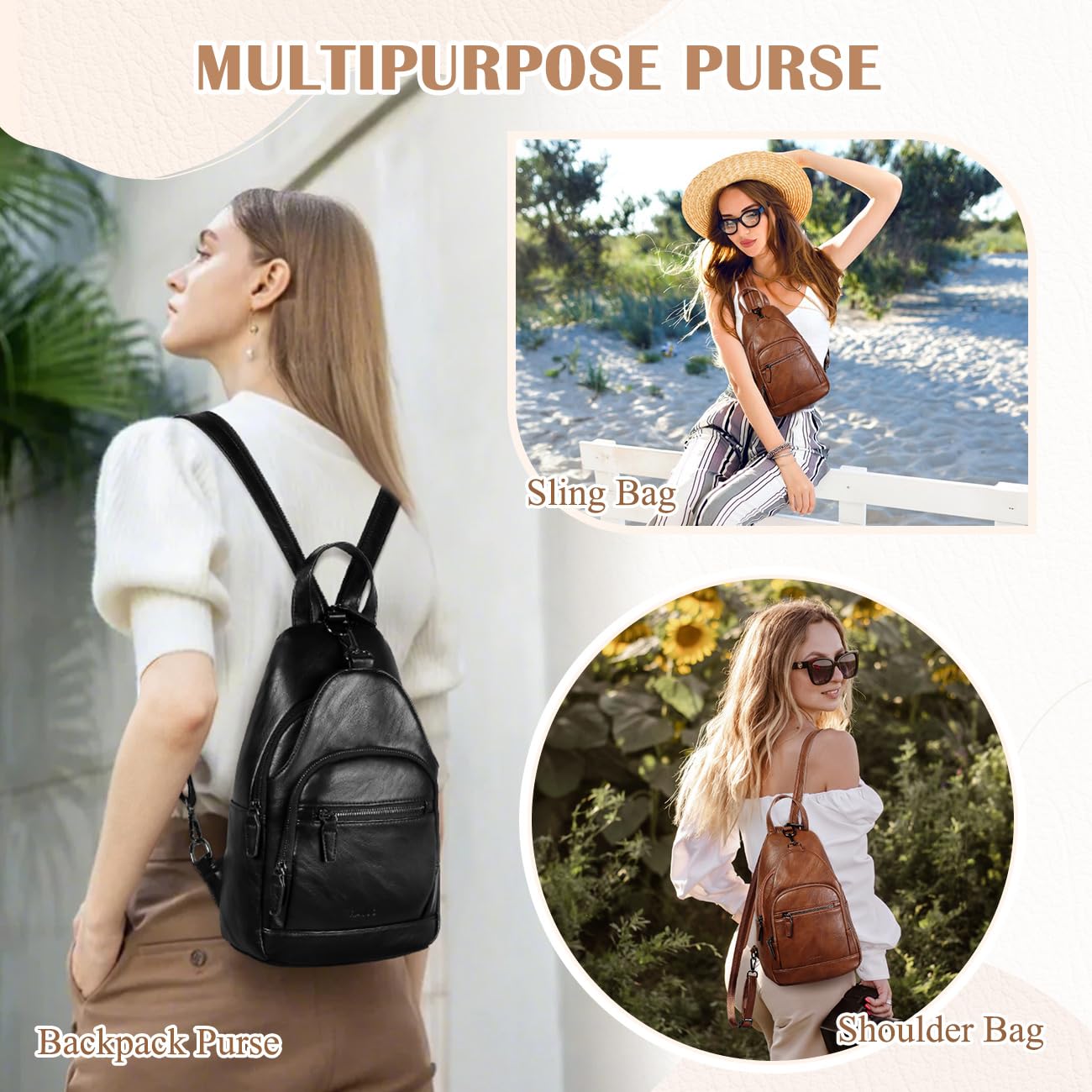 RAVUO Sling Bag for Women, Faux Leather Convertible Backpack Purse Ladies Anti Theft Cross Body Bag with Multi Pockets for Travel Cycling Hiking Shopping,Black