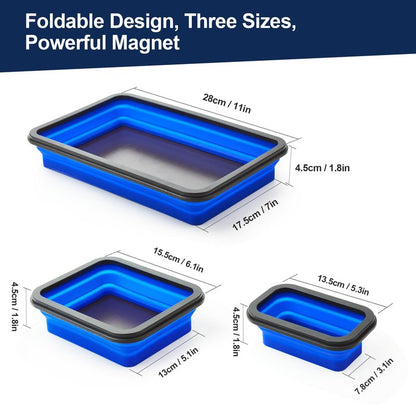 stochastic box Collapsible Magnetic Parts Tray Set Foldable Magnetic Tray 3 Different Size Silicone Tool Trays for Screw, Bolts,Nuts,with Magnetic Base Stores and Organizes Small Parts and Tools