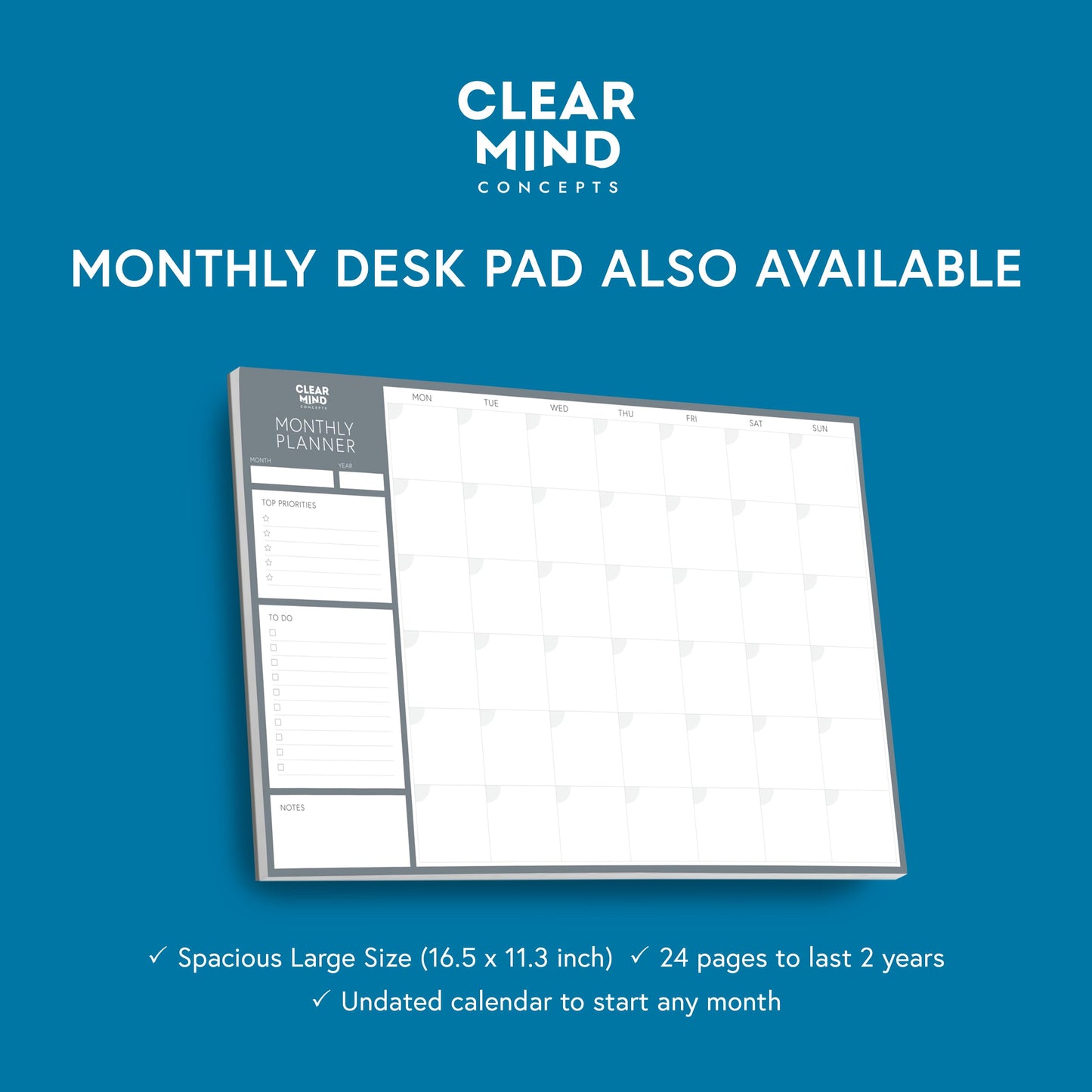 Clear Mind Concepts Weekly Desk Planner - 11.3” x 8.3” Tear-Off Pad, 52 Undated Sheets, 120gsm No-Bleed Paper - Compact Weekly Organizer for Home, School & Office