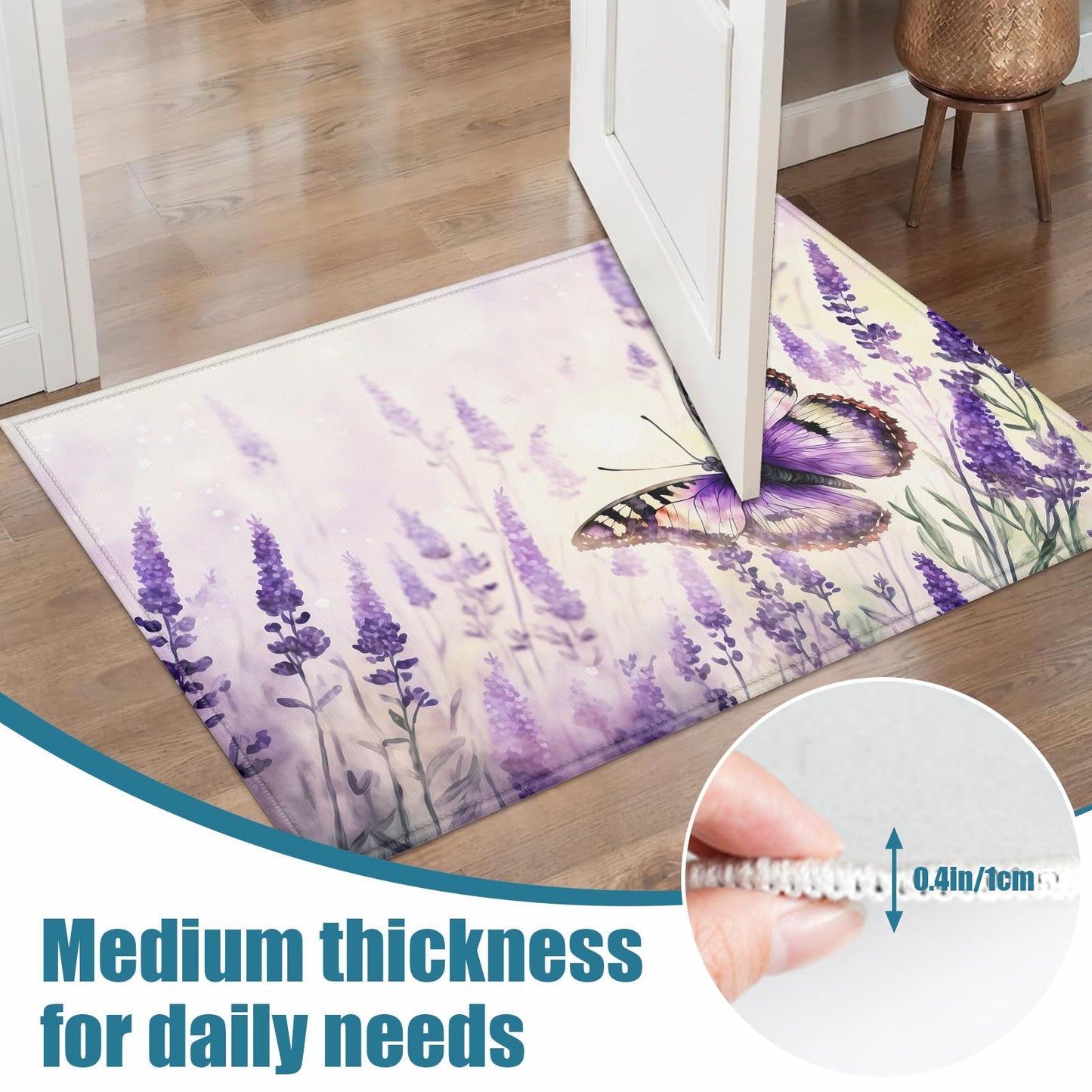 Purple Butterfly Lavender Indoor Door Mat, Outdoor Entrance Doormat for Entryway Kitchen Bathroom 17 X 29 Inch