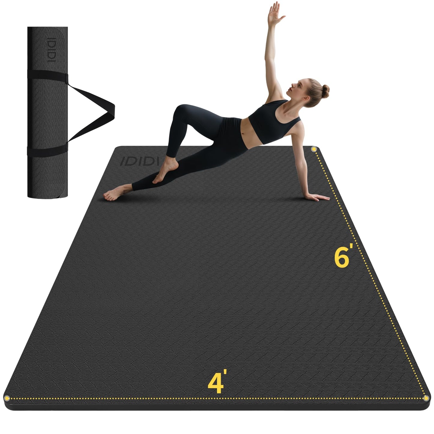 Large Yoga Mat (6'x 4') - Extra Long and Wide Workout Mat for Men and Women, Non-Slip POE 0.24''/0.32''/0.4'' Thick Fitness Mat, Eco-Friendly Exercise Mat for Home Workouts, Ideal for Yoga and Pilates (Black, 6mm)