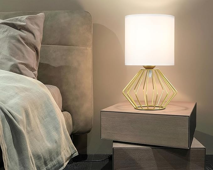 Hamilyeah Table Lamps Set of 2, Modern Bedside Lamps with White Fabric Shade, Industrial Night Stand Lamps with On/Off Switch, Gold Simple Lamp for Bedroom, Living Room