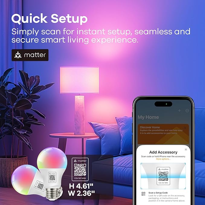 OREiN Matter Smart Light Bulb, 1100 Lumens 75W Equivalent Smart Light Bulbs, Color Changing Light Bulbs Work with Apple Home, Alexa, Google Home, SmartThings, A19 Smart Bulbs 2.4Ghz WiFi, 2Pack