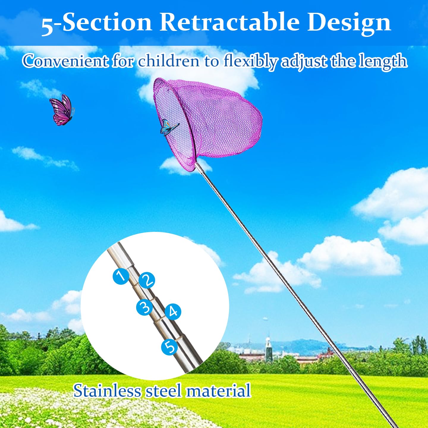 6 Pack Telescopic Butterfly Nets, Insect Catching Nets, Fishing Net, Nature Exploration Toys for Kids Outdoor Playing
