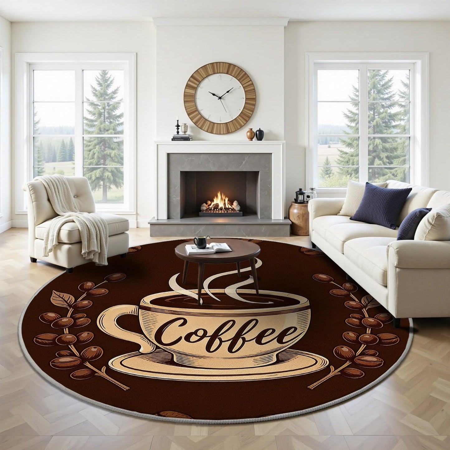 Egljss Round Washable Rugs 6ft, Coffee Cup Circle Area Rug for Bedroom, Coffee Bean Round Carpet for Living Room, Brown Circle Rug Non Slip for Dining Table Kitchen