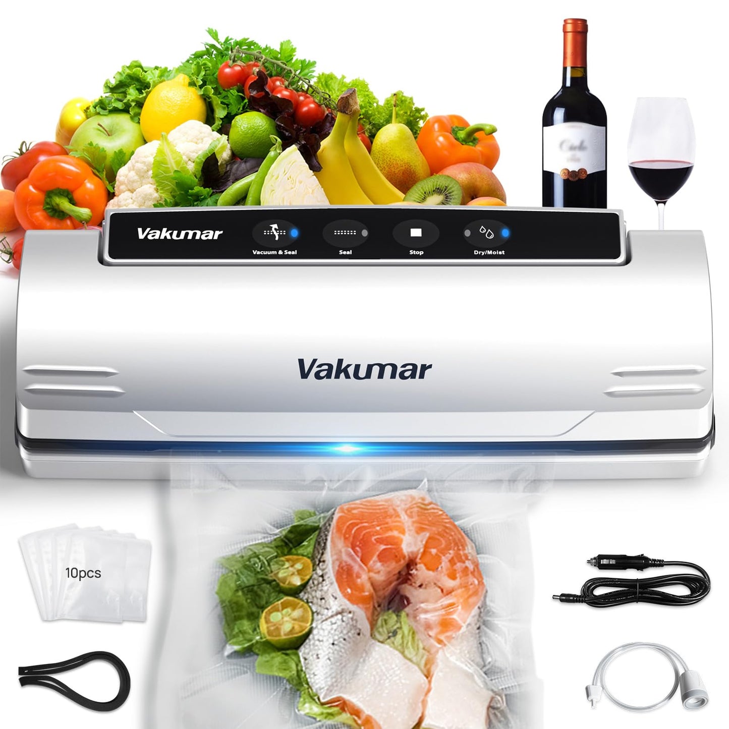 Upgraded Vacuum Sealer Machine for Food, 8 in 1 Food Sealer Vacuum Sealer with Powerful Suction, Dry & Moist Modes, Sous Vide Compatible, Included Car Charger(In-vehicle use)