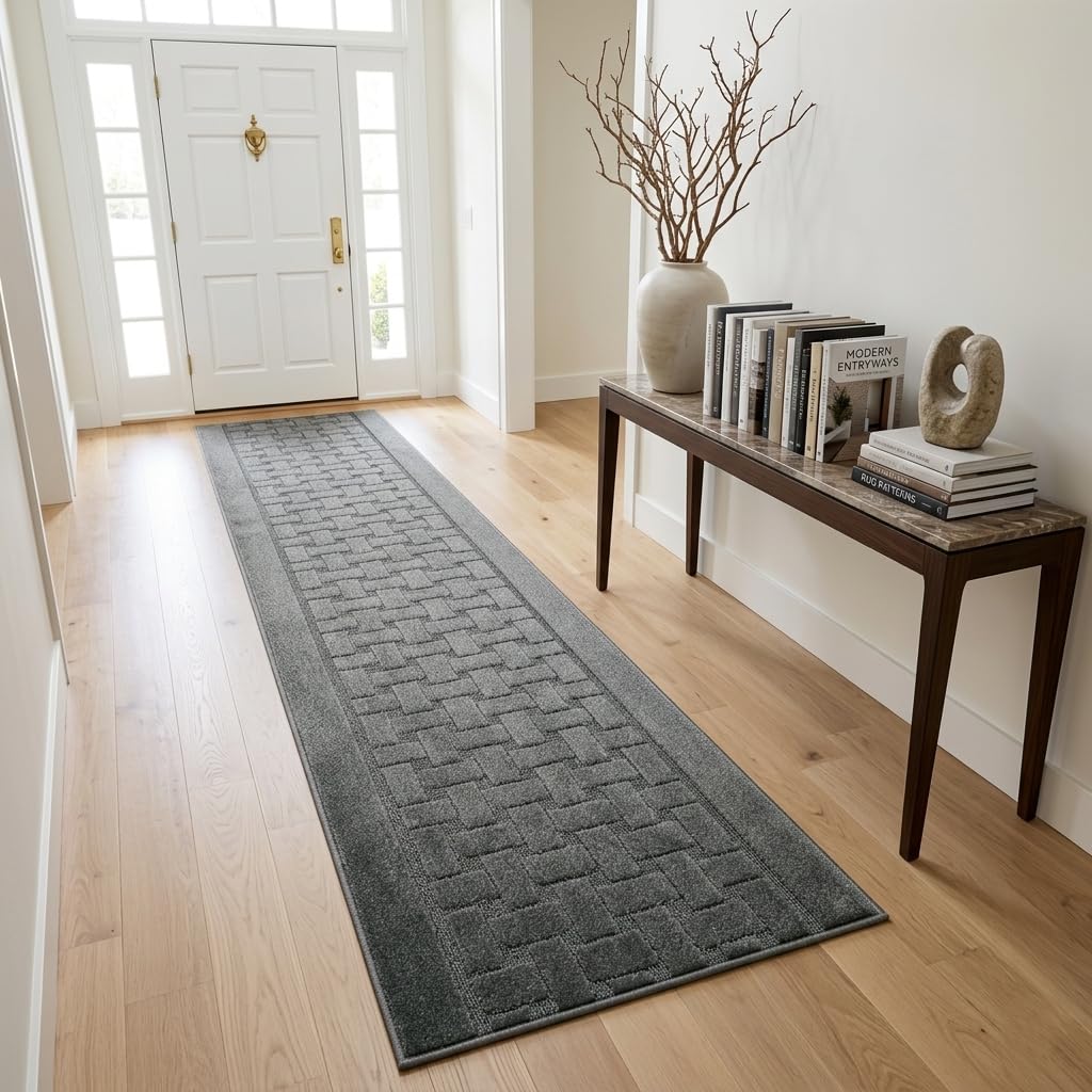 Non Slip Washable Carpet Runner Rug with Rubber Backing, Custom Floor Mat for Kitchen Hallway Stairs Bedroom Bathroom Entry, Anthracite Grey, Your Choice of Length, 26 Inch X 7 feet