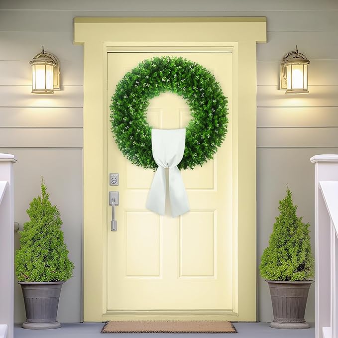 Large Artificial Boxwood Wreath 30-32'', UV Resistant 310 Leaves & 140 Flower Core, Green Wreath Ribbon for Front Door Outdoor Indoor Window Wall Hanging Decoration All Seasons(Foldable)