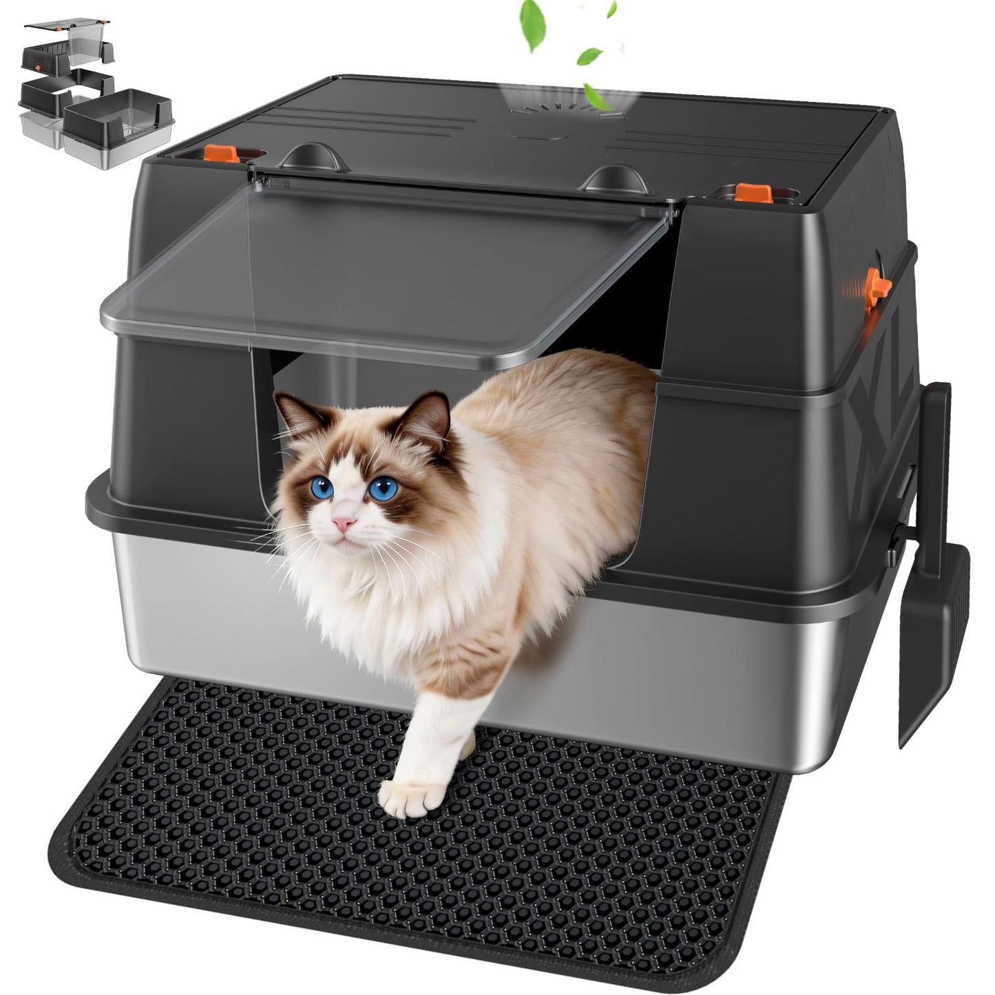KISENG Stainless Steel Litter Box with Lid, High Sided Enclosed Metal Litter Box for Big Cats, Easy Cleaning Anti-Urine Leakage, Non-Sticky Cat Box, Front Entry Top Exit KittyBox, Includes Mat & Scoop