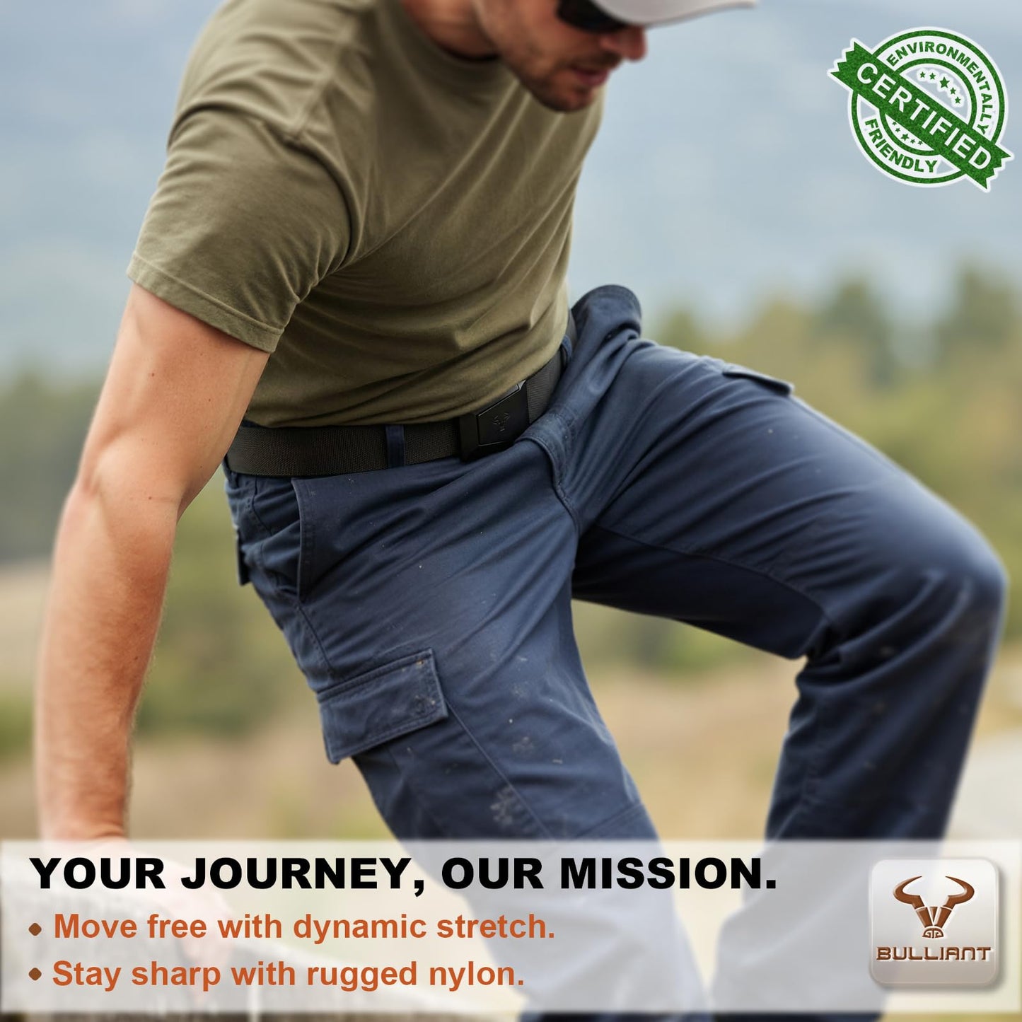 BULLIANT Men Tractical Belt,Stretch Western Rigger Web Belt For Cowboy Military Heavy Duty Hiking Hunting 1.5"-Cut For Fit(Black,28"-34" Waist Adjustable)