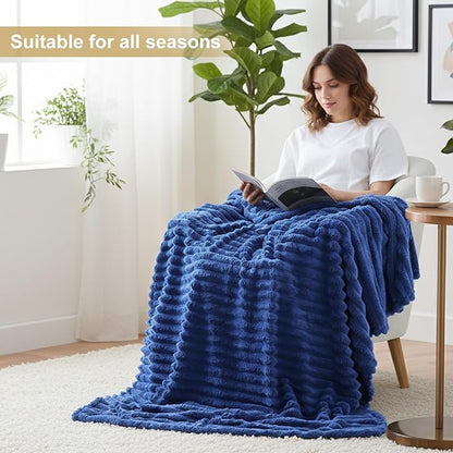 decorUhome Soft Fleece Navy Blue Twin Blanket for Bed, Cozy Fluffy Plush Flannel Striped Throws for Couch Sofa, Lightweight Decorative Ribbed Fuzzy Blanket for Woman, 60x80 Inches