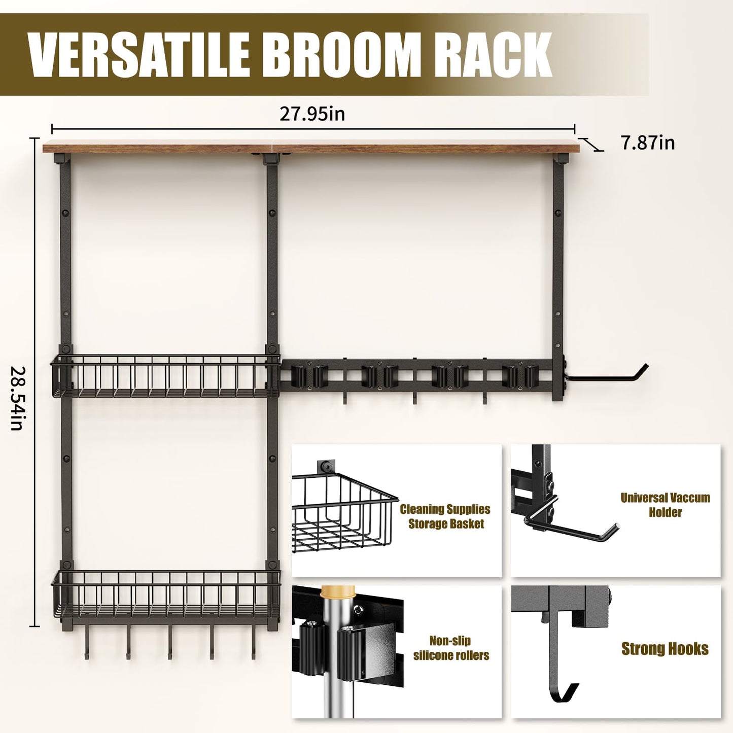 LYYKCCXYY Broom Holder Wall Mount，Mop Rack With Storage Basket,Diversity Laundry Room Cleaning Tool Storage container，Suitable Family Garage Kitchen Organization Wall-Mounted Rack (Black, Medium)
