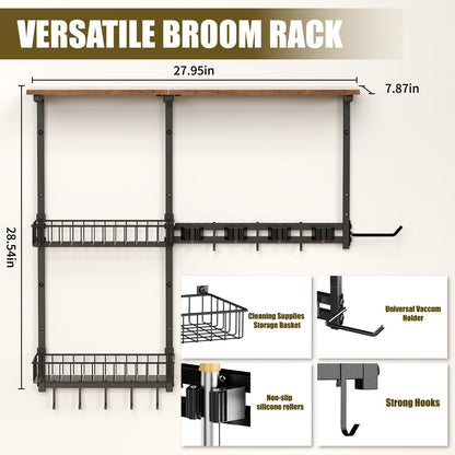 LYYKCCXYY Broom Holder Wall Mount，Mop Rack With Storage Basket,Diversity Laundry Room Cleaning Tool Storage container，Suitable Family Garage Kitchen Organization Wall-Mounted Rack (Black, Medium)