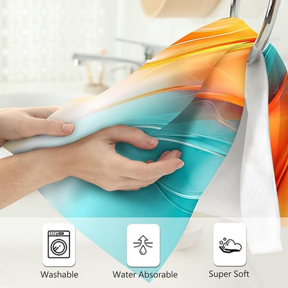 Orange Teal Hand Towels Set of 2 14"x28" Absorbent Turquoise Orange Marble Bath Decorative Towels for Bathroom Home Farmhouse Spa Gym Yoga, Orange Teal Bathroom Decor