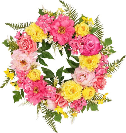 Wreaths for Front Door, WELL KNOWN Spring Summer Seasonal Hot Pink & Yellow Flowers Wreath for Front Door, Artificial Silk Peony Flower Wreath for Wall Hanging, Home Office Wedding Party Decor