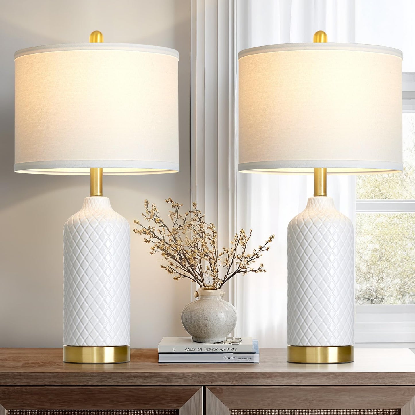 luxeflow 26“ White Ceramic Table Lamps for Living Room, Modern Ceramic Lamps Set of 2, Tall Bedside Lamp for Nightstand, Classic Farmhouse Bedroom Lamp for Desk Side End Table Home Decor