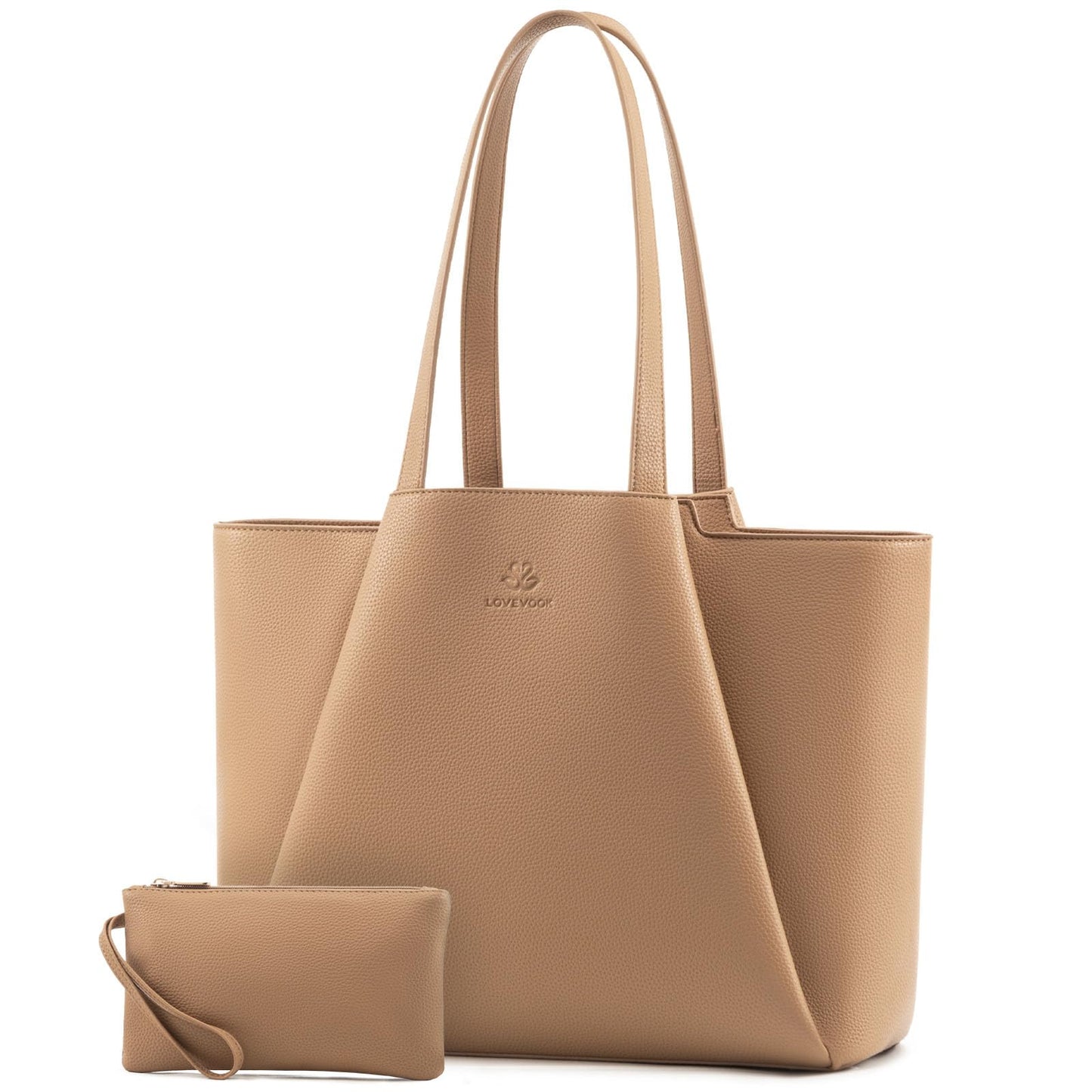 LOVEVOOK Laptop Tote for Women - 15.6 Inch Faux Leather Laptop Bag with Clutch, Large Capacity Office Purse Computer Briefcase for Casual Business Travel,Apricot