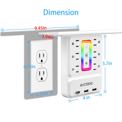 Wall Outlet Extender with Shelf, USB C Outlet with Surge Protector with Nightlight,6 Outlets with 3 USB Ports(2 USB A*1 USB C) Plug Expander Charger Large Shelf with Storage for Bathroom,Kitchen,Dorm