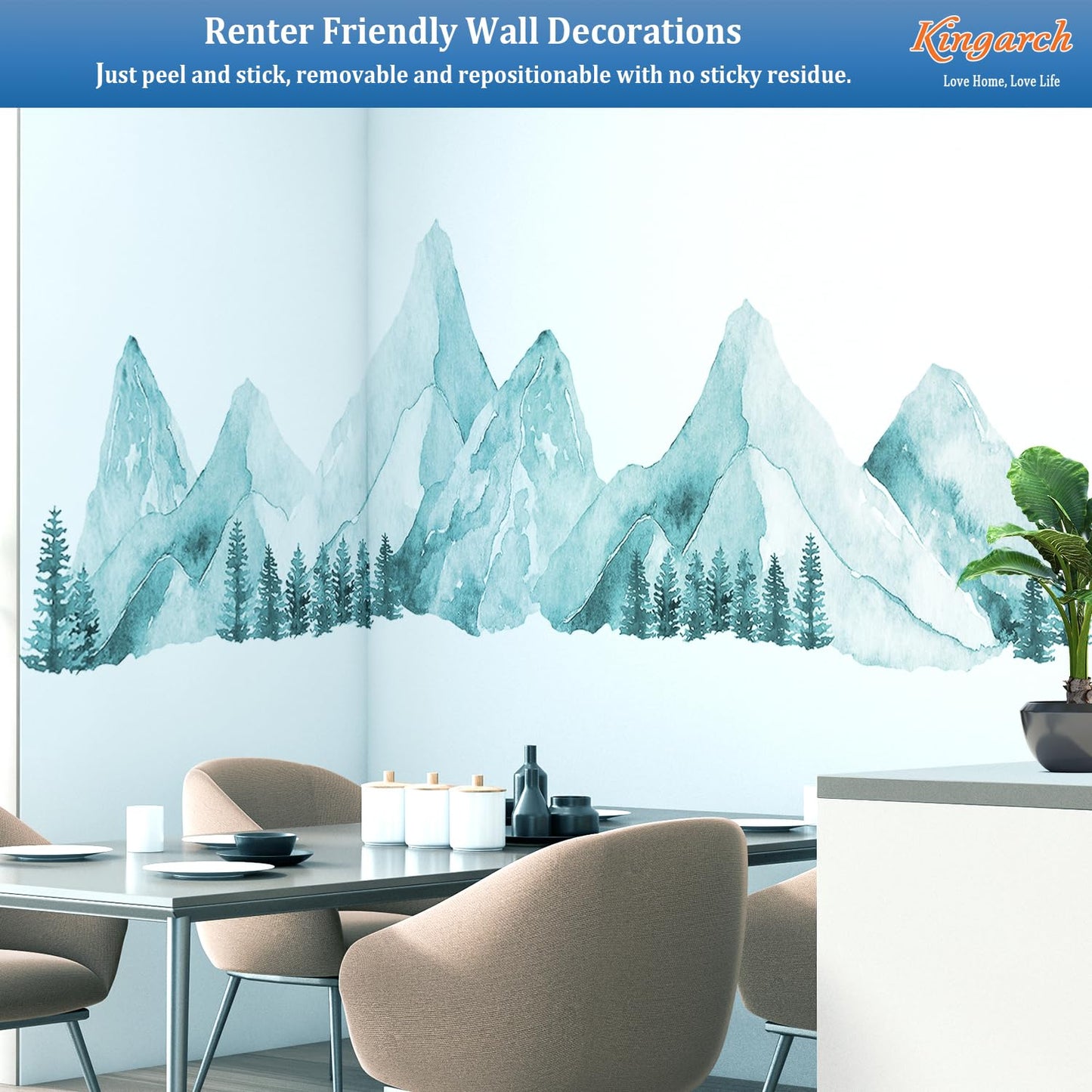 Large Mountain Wall Decals, Spa Green Pine Tree Peel and Stick Vinyl Wall Stickers & Murals, Removable Home Room Wall Decor for Bedroom Living Room Bedroom Classroom Office Nursery