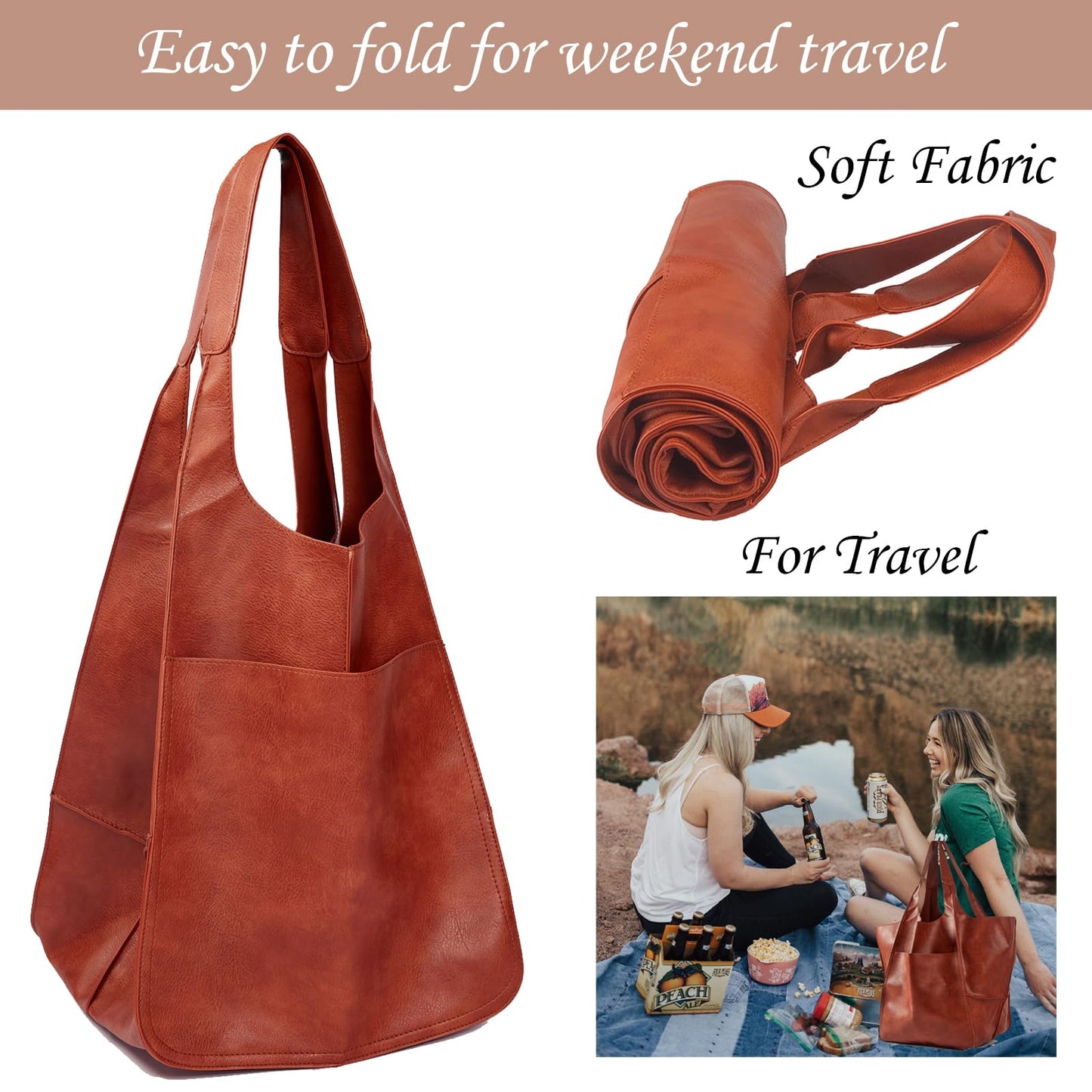 KlaOYer Oversized Leather Tote Bag Large Capacity Work Hobo Pu Leather Bucket Purse And Handbag Big Soft Travel Shopping Bag (Brown)