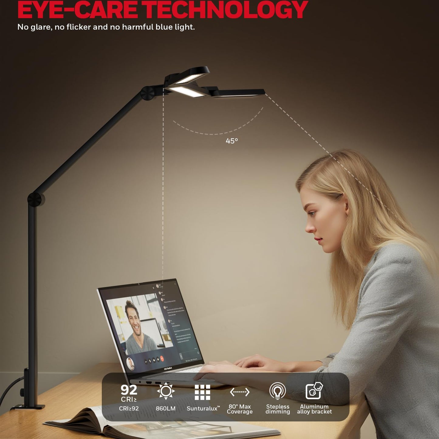 Honeywell Wide Desk Lamp with Clamp for Dual Monitors, 22W Full-Spectrum Eye-Caring LED Desk Lamp for Home Office, 3-Section Adjustable Architect Light for Large Desk, Stepless Dimming, 3000K-5700K