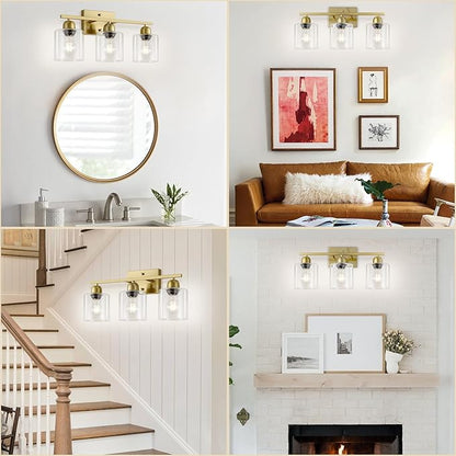 Modern Brushed Gold 3 Light Bathroom Light Fixtures, 19 inch Vanity Lights for Bathroom with Clear Glass for Mirror Kitchen Living Room Hallway Cabinet Porch