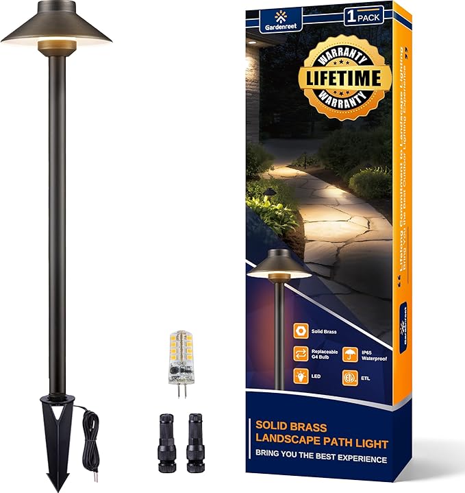 Gardenreet Outdoor Brass Pathway Lights - Low Voltage Landscape Path Lighting Wired, 12v Pathlight LED IP65 Waterproof, Hat-top Bronze for Outside Walkway Yard with 3W 270LM 2700K Warm White G4 Bulb