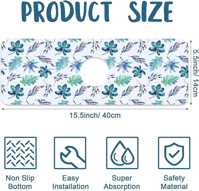Watercolor Leaves Sink Splash Guard Faucet Mat Tropical Leaves Super Absorbent