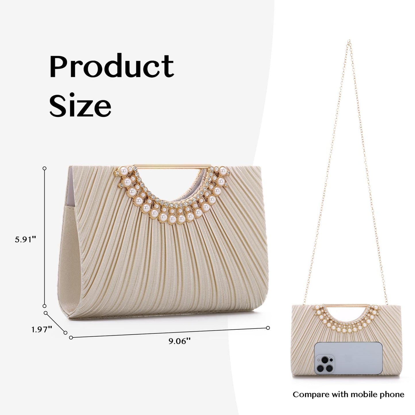 Ynport Pleated Satin Clutch Purse for Women, Evening Bag with Chain Formal for Wedding Party
