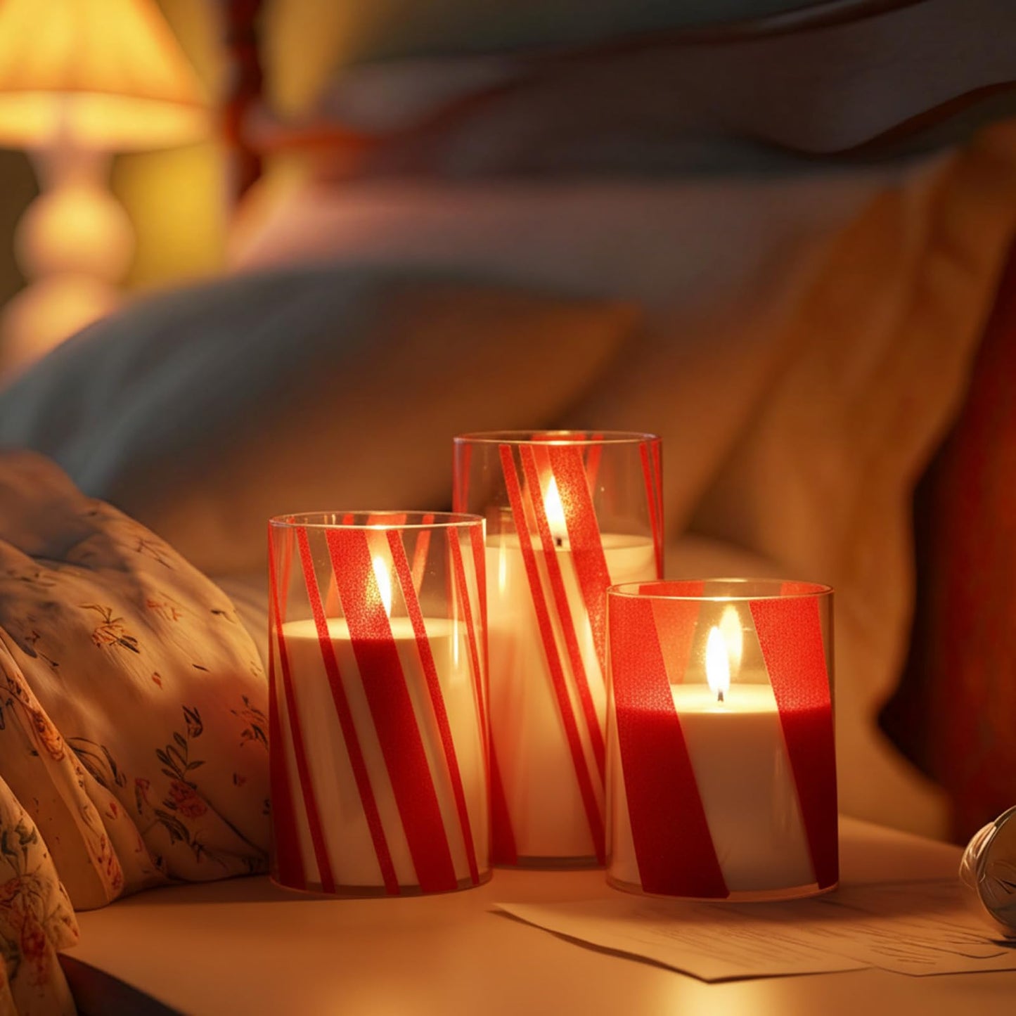 Glooglitter 3 Pcs Candy Cane Flameless Candles with Remote Timers Red Stripe Glass Candlestick Christmas Battery Operated Candles LED Flickering Candlestick for Christmas Party Home Decor