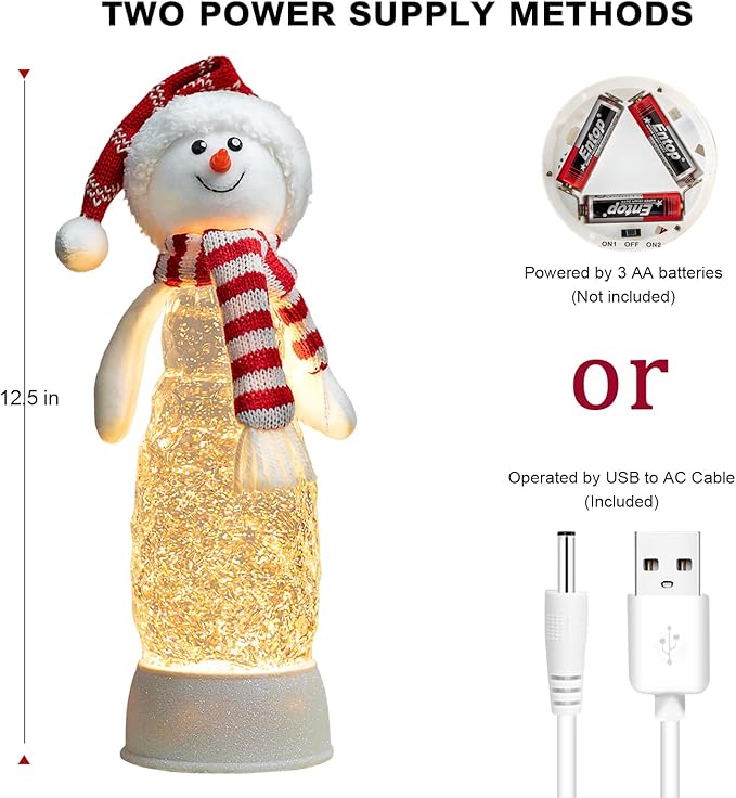 Christmas Snowman Decorations, Lighted Snowman Plush Swirling Glitter Musical Christmas Snow Globe, Christmas Water Lantern Ornaments for Festival Decoration Gifts
