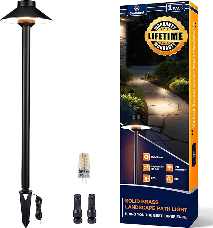 Gardenreet Outdoor Brass Pathway Lights - 12v Low Voltage Landscape Path Lighting Wired, LED Pathlight IP65 Waterproof, Hat-top Black for Outside Walkway Yard with 3W 270LM 2700K Warm White G4 Bulb