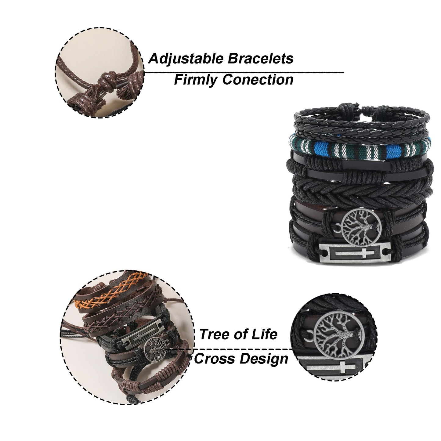 Amejew 36Pcs Braided Leather Bracelets for Men Women Wrap Wood Beads Cuff Bracelet Hemp Cords Ethnic Tribal Handmade Wrap Wristband Bracelets Set Adjustable(36Pcs)