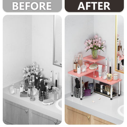 ZHWS Kitchen Countertop Organizer Spice Rack for Salt, Bathroom Counter Organizer Over Sink for Makeup, Skincare, Adjustable 3-Tier Corner Counter Shelf with 4 Hooks for Coffee Bar Dresser Table
