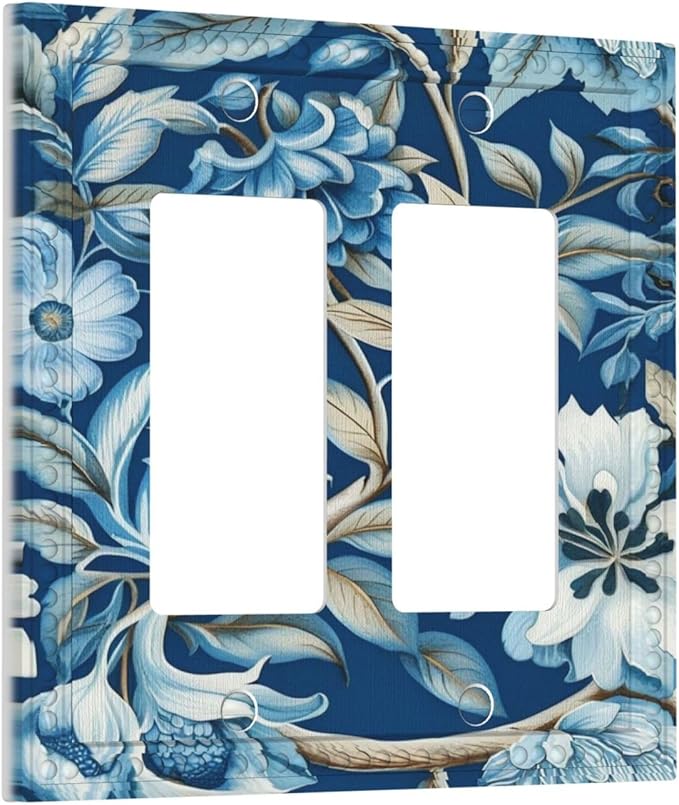 Blue Flowers Branches Leaves Floral Pattern Dual Outlet Covers Wall Plate 2 Gang Rocker Decorative Switchplate Electrical Faceplate GFCI Light Switch Covers for Farmhouse Living Decor