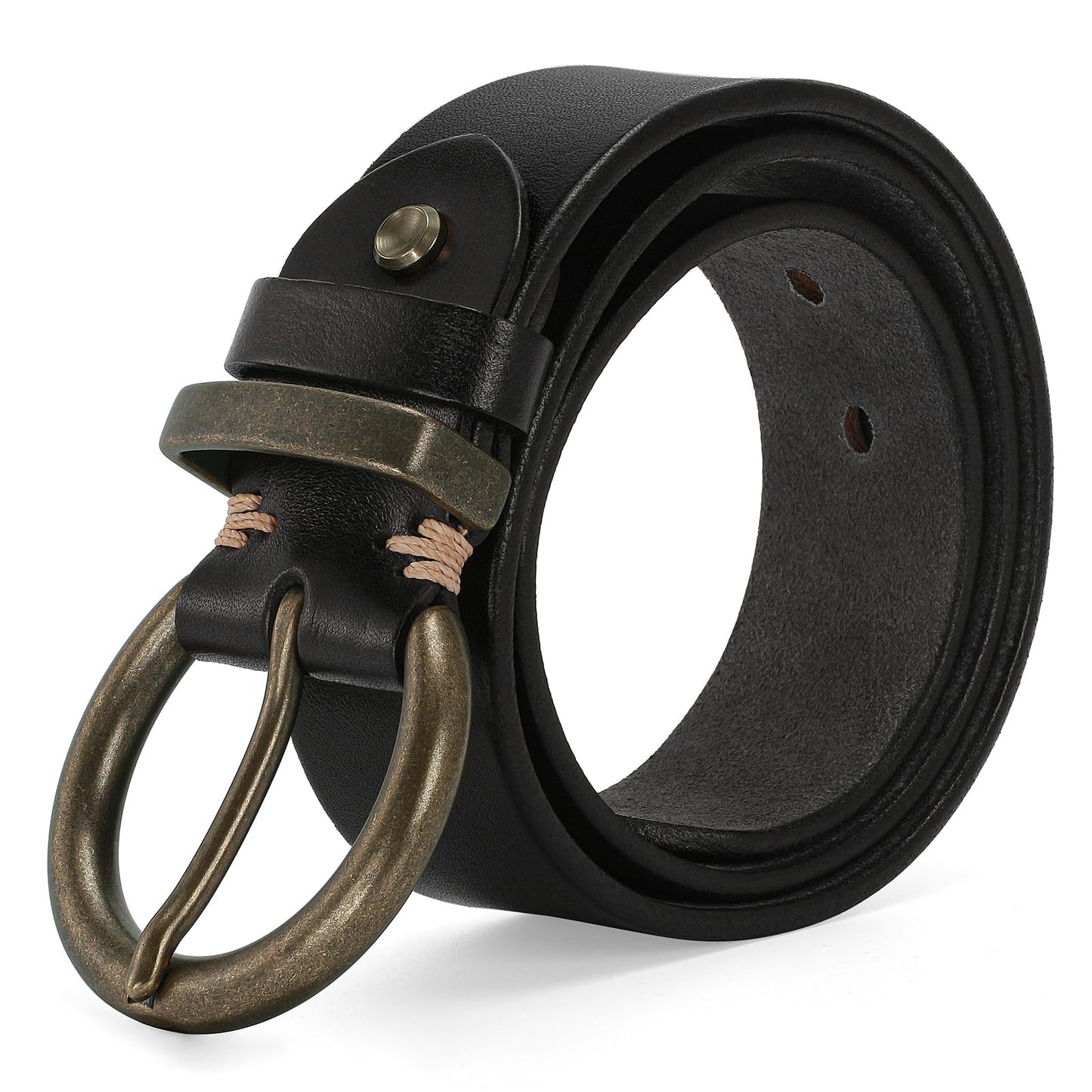 wolksprong Women's 1.5 inch Leather Belt with Large Brass Buckle - Trendy Vintage Style for Jeans and Pants