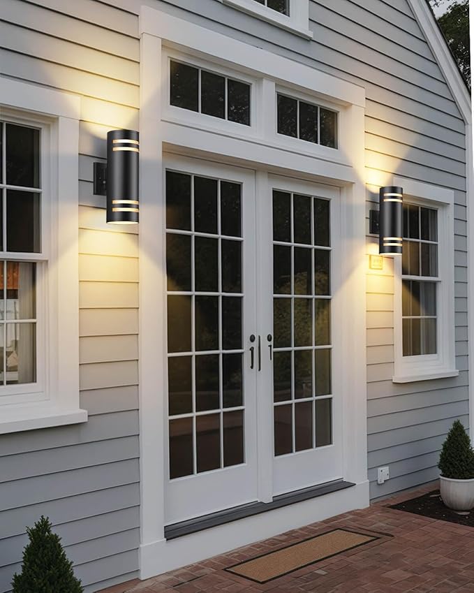 SHIMR Dusk to Dawn Outdoor Lighting 2 Pack, Modern Outdoor Wall Lights with LED Bulbs, Matte Black Exterior Lighting Fixtures Wall Mount, Up and Down Outside Lights for House Porch Garage [ETL Listed]