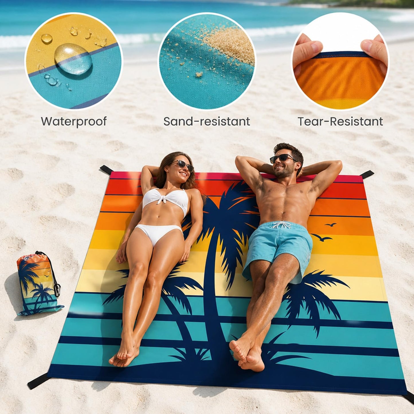 InIsaJace Beach Blanket Waterproof Sandproof, Sunset Beach Mat Sand Free with Anchors Stakes Carabiner and Bag, Coconut Trees Camping Tarp for Outdoor Picnic Travel Camping Hiking 79”x 83”