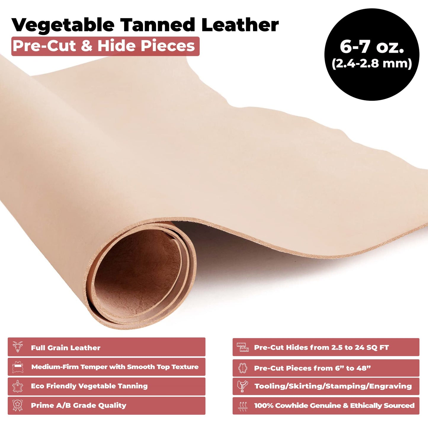 ELW Tooling Leather Vegetable Tanned 6-7 oz. (2.4-2.8mm) Heavy Thickness Weight Size: 12"x24" | Pre-Cut Leather Sheets 6" to 48" Cowhide Sheets Shoulder & Sides in Full Grain Leather for Stamping
