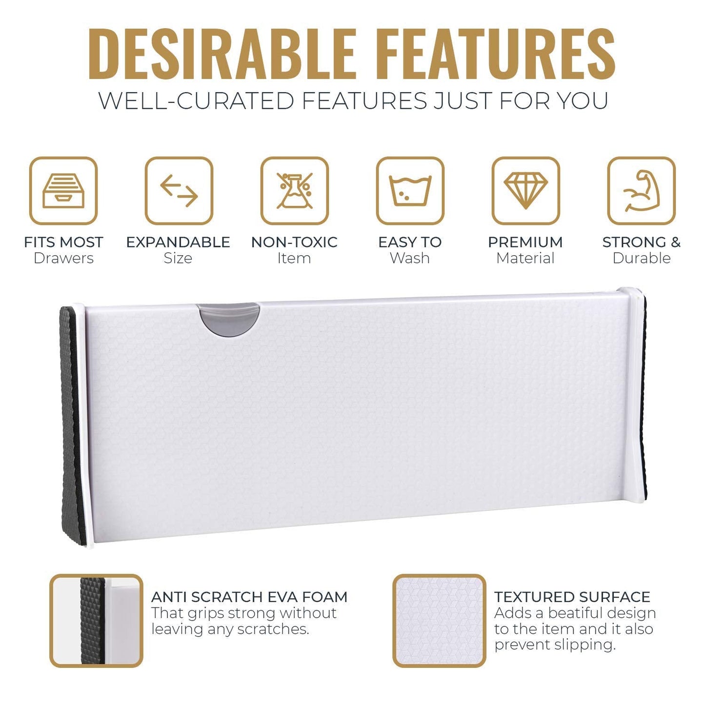 RAPTUROUS Adjustable Deep Drawer Divider – 5" Tall, Expandable 13-22", 5-Pack, Non-Slip Drawer Dividers for Clothes, Dresser, Kitchen & Office Organization (White)