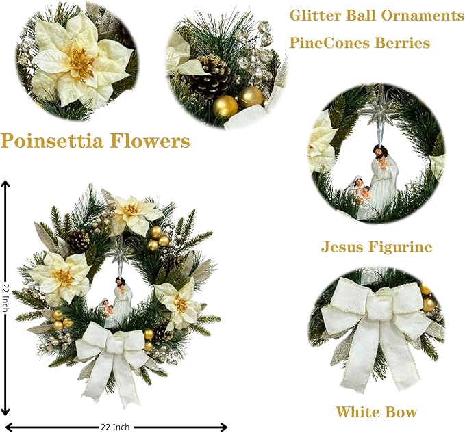 22 Inch Pre-Lit Artificial Christmas Wreath with White Artificial Poinsettia Flowers Jesus Figurine Nativity Scene Glitter Ball Ornaments PineCones Berries for Christmas Decor Front Door