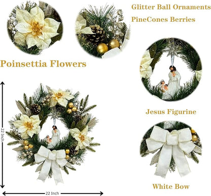 22 Inch Pre-Lit Artificial Christmas Wreath with White Artificial Poinsettia Flowers Jesus Figurine Nativity Scene Glitter Ball Ornaments PineCones Berries for Christmas Decor Front Door