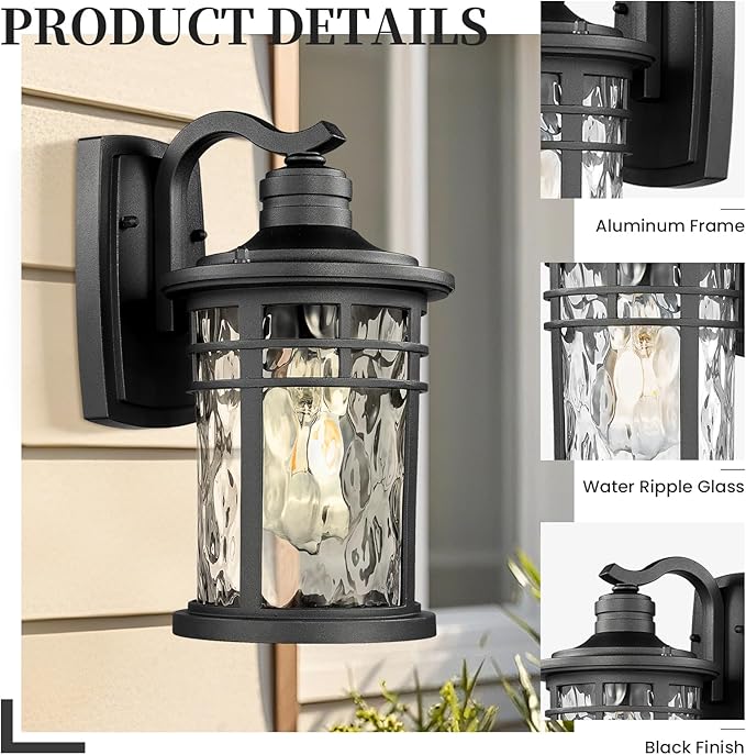 Outdoor Wall Light Fixtures Waterproof Outdoor Porch Light with Water Ripple Glass Black Finish Outdoor Porch Lights Wall Mounts for House 14.6 Inch Height