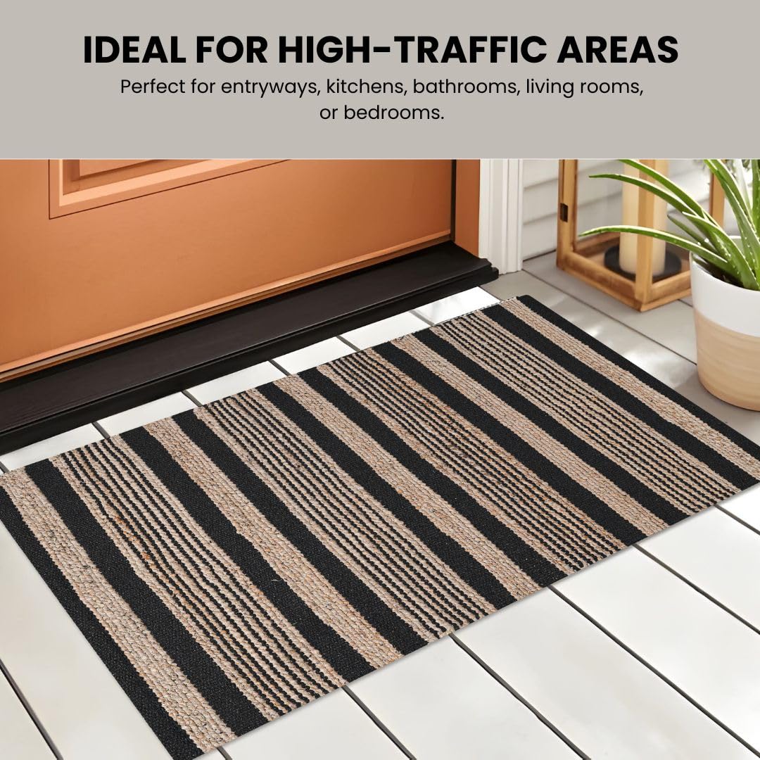 Threadvista Hand Woven Area Rug 2x3 Feet - Rustic Farmhouse Boho Accent Rug for Living Room Bedroom Kitchen Entryway Floor Mats Non Slip - Ideal for High Traffic Areas Jute Cotton Rug Natural Black