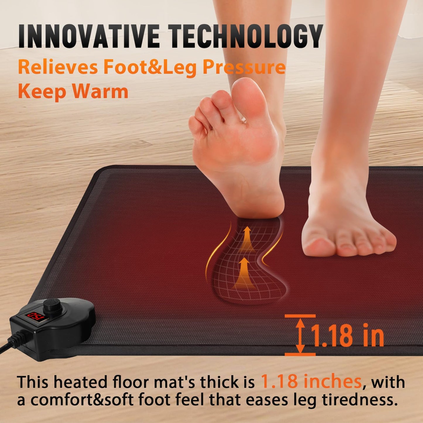 Heated Anti-Fatigue Floor Mat Under Desk - Heated Standing Mat Cushioned with Foot Warmer 17.7"x30",8 Levels Temp & 12H Timer, 1.2" Thick Comfort Foam Heating Pad for Kitchen,Office,Home,Durable