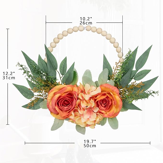 Spring Wreaths for Front Door 10" Artificial Floral Wood Bead Wreaths Eucalyptus Leaves Rose Hydrangea Wreaths for Front Door Boho Farmhouse Wall Decor 2 Pack - Orange