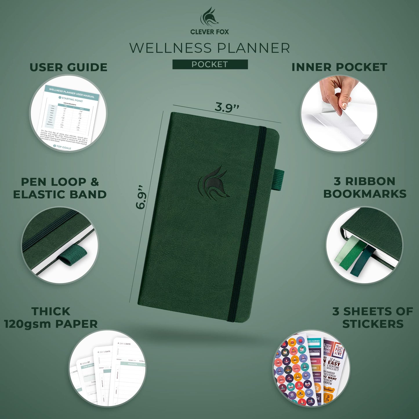 Clever Fox Wellness Planner - Weekly & Daily Health and Wellness Log, Food Journal & Meal Planner Diary for Calorie Counting, Notebook for Medical Condition Tracking – Pocket size (Forest Green)