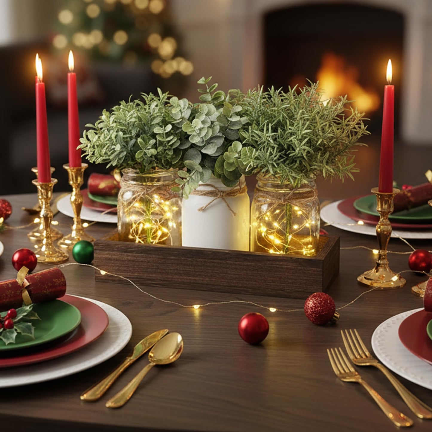 Mkono Mason Jar Lights Table Centerpiece for Dining Room Fake Eucalyptus Plants Christmas Table Decor for Kitchen Coffee Table Living Room Bathroom
